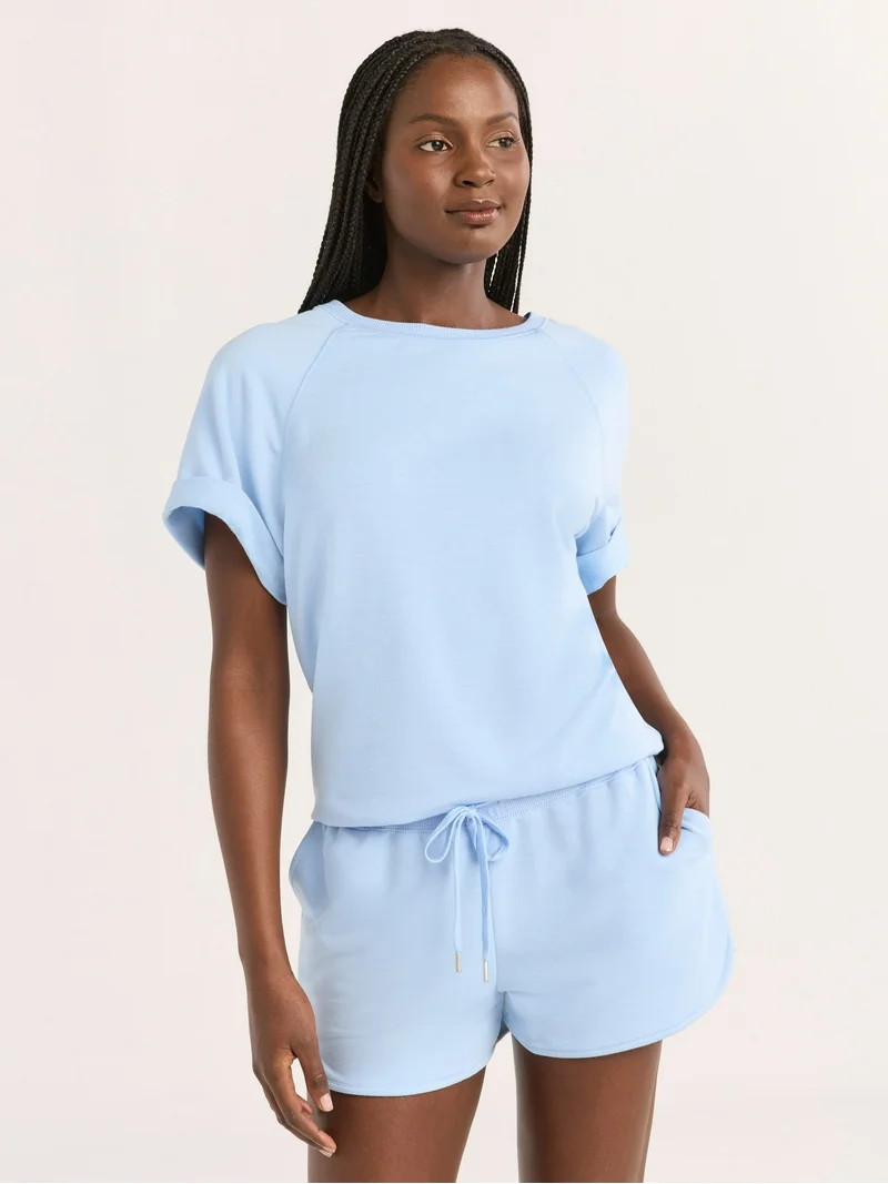Joyspun Women's French Terry Short Sleeve Top and Shorts Set, 2-Piece, Sizes XS-3X | Walmart (US)
