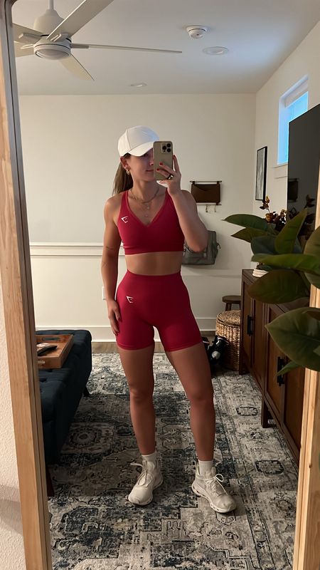 5/7/24 Workout set of the day!! 🫶🏼 Use code VANESSAF for $$ off Gymshark! Pin k workout set, pink biker shorts set, gymshark set, biker shorts set, gym outfits, cute gym outfits, cloudnova sneakers, white cloud nova sneakers, white gym sneakers