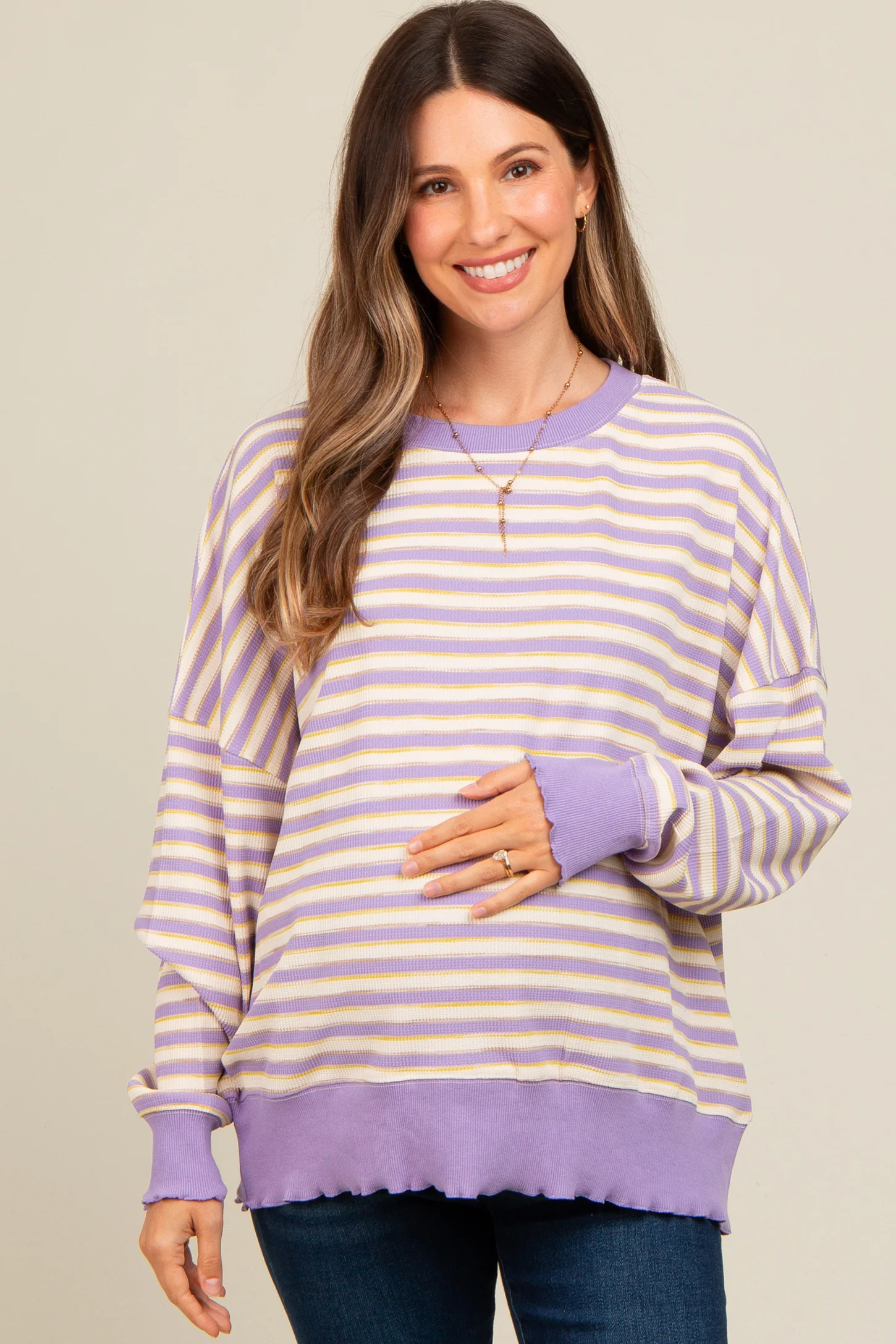 Lavender Striped Ruffle Hem Maternity Long Sleeve Top | PinkBlush Maternity