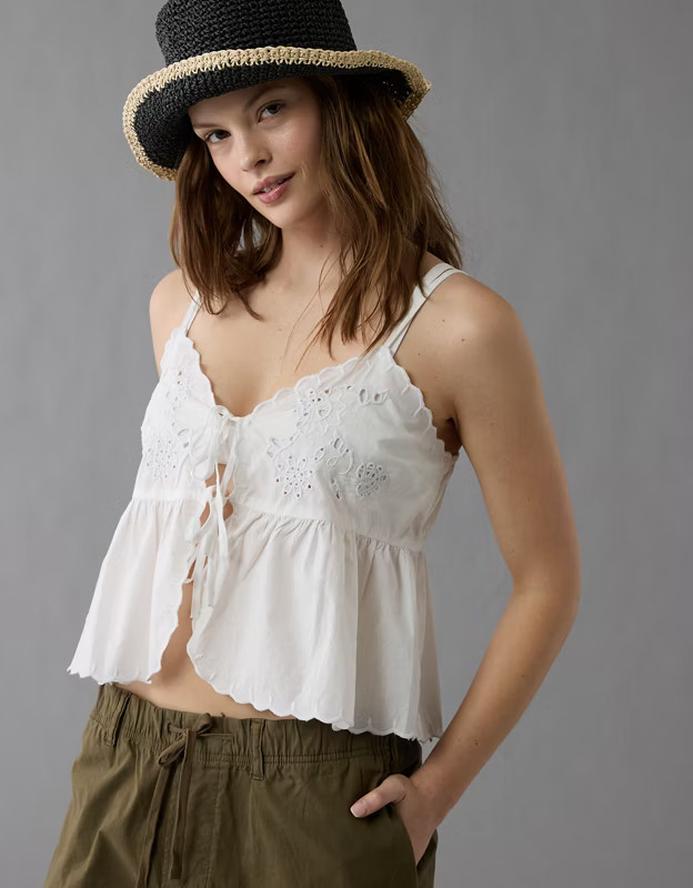 AE Tie Front Embroidered Tank Top | American Eagle Outfitters (US & CA)