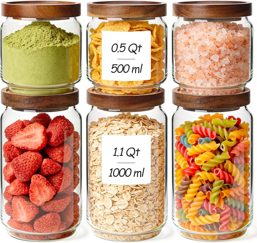 ComSaf 6PCS (1.1Qt/0.5Qt) Glass Pantry Storage Container with Acacia Wood Lid, Airtight Glass Can... | Amazon (US)