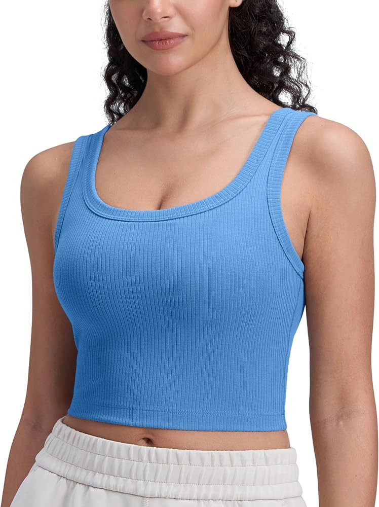CRZ YOGA Ribbed Scoop Neck Crop Tank Tops for Women - Padded Longline Sports Bras Yoga Workout Ca... | Amazon (US)