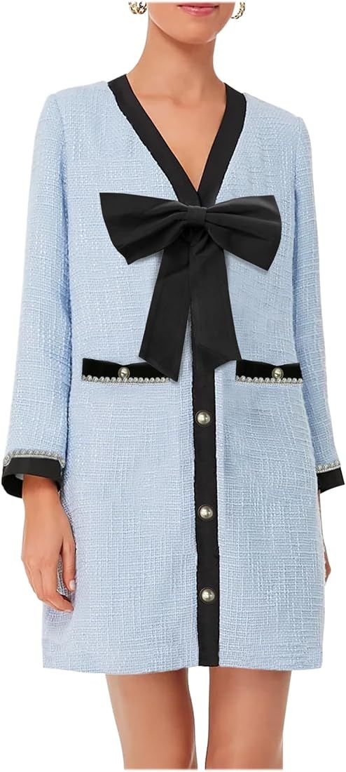 YEXPINE Women's Tweed Pearls Mini Dress Big Bowknot Cocktail Dresses Business Work Dress | Amazon (US)