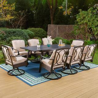 9-Piece Metal Outdoor Dining Set with Extensible Rectangular Slat Table and Rattan Swive Chairs with Beige Cushions | The Home Depot