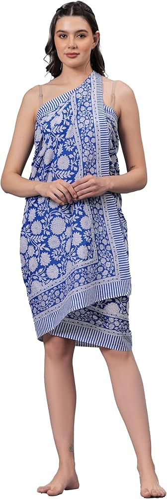 Hand Block Print Swimsuit Beach Sarong Cover Ups for Swimwear Women Pareo Bikini Wrap Skirt | Amazon (US)