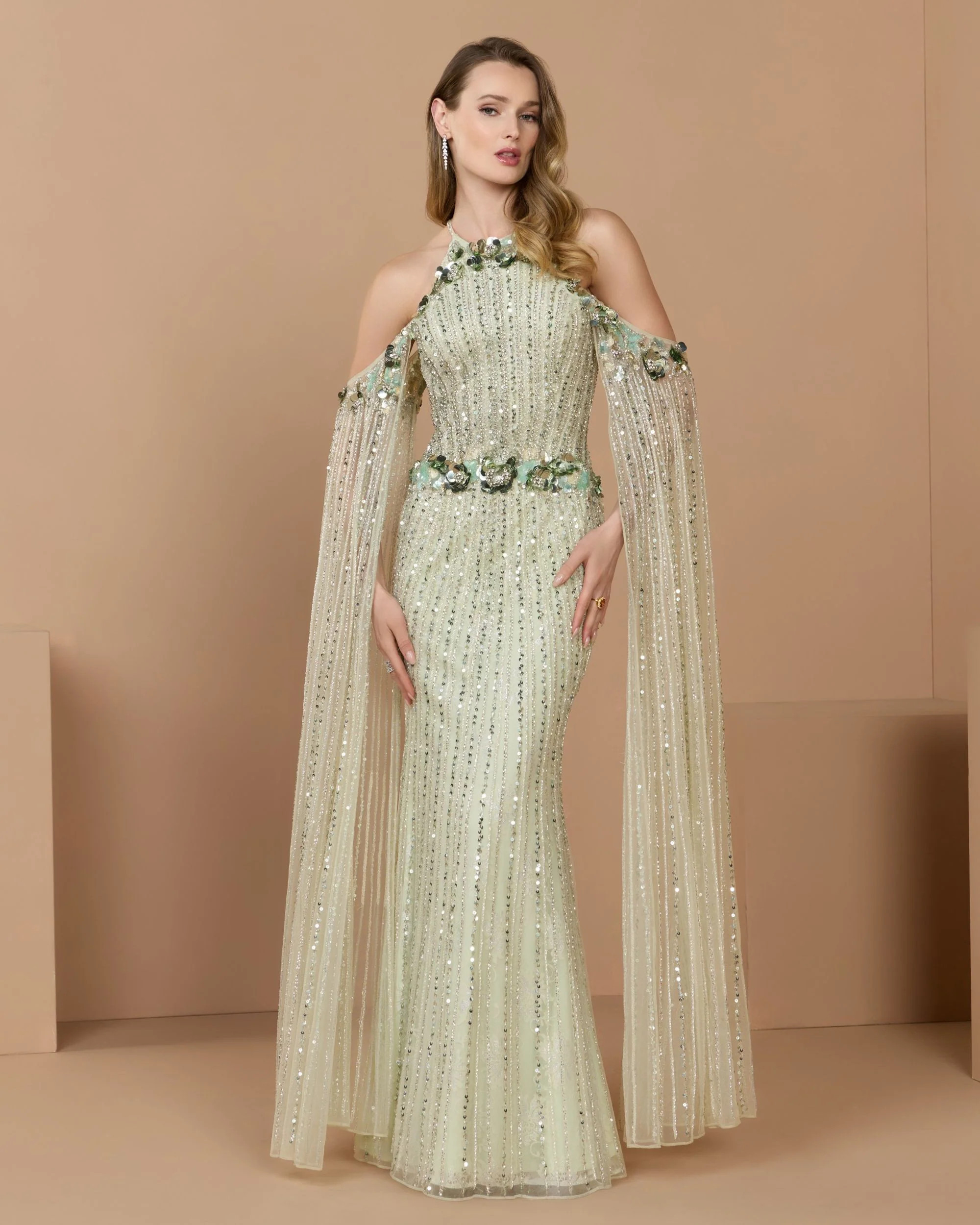 Mac Duggal Collection - Green Embellished Column Gown With Cape Sleeves - Seafoam / US 4 | Mac Duggal