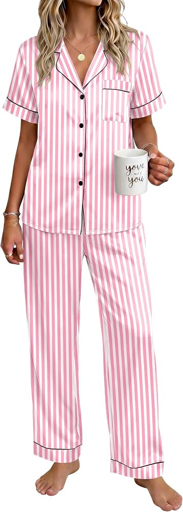 Ekouaer Womens Silky Satin Pajamas Set Short Sleeve Button Down Sleepwear 2 Piece Lounge Set Pj S... | Amazon (US)
