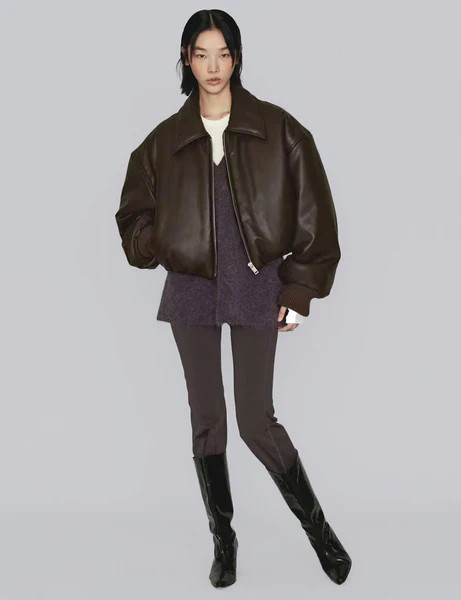 Brown Faux-Leather Bomber Jacket | Pixie Market