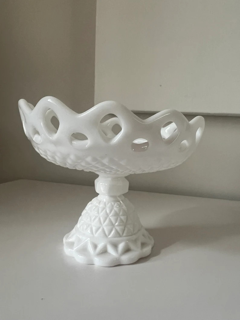Vintage Imperial Footed Pedestal Milk Glass Compote Lace Edge With Diamond Point Pattern | 6\u201... | Etsy (Global)
