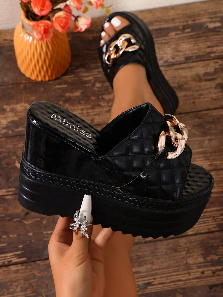 2025 Spring Women Platform Slip-On Sandals, Versatile Thick Sole Elevated Inner Height, Open Toe Wedge Heels With Bow And Floral Decor, Fashion Shoes For Petite,Summer Outfits,Travel Essential | SHEIN