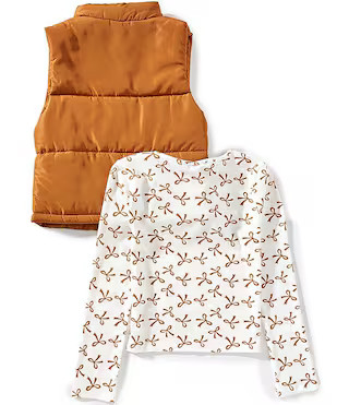 Big Girls Sleeveless Puffer Vest & Long Sleeve Bow Print T-Shirt Set | Dillard's
