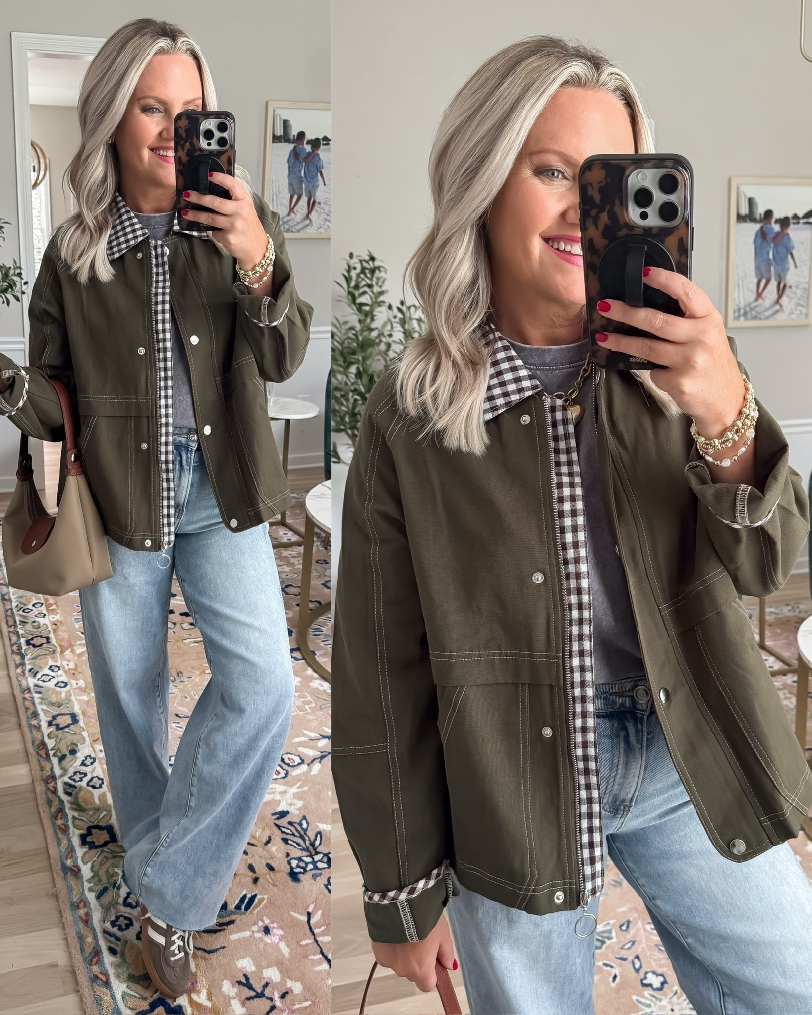 This green barn jacket is such a good fall layer 💚 I love the utility details paired with the gingham button down peeking through underneath. It’s the perfect mix of classic and casual with wide leg denim and sneakers for everyday wear.

green barn jacket, barn jacket outfit, fall layering, gingham shirt, denim outfit, wide leg jeans, casual fall style, utility jacket, fall outfit idea, transitional fashion, lovelylifestyling

#LTKootd #LTKSeasonal #LTKOver40