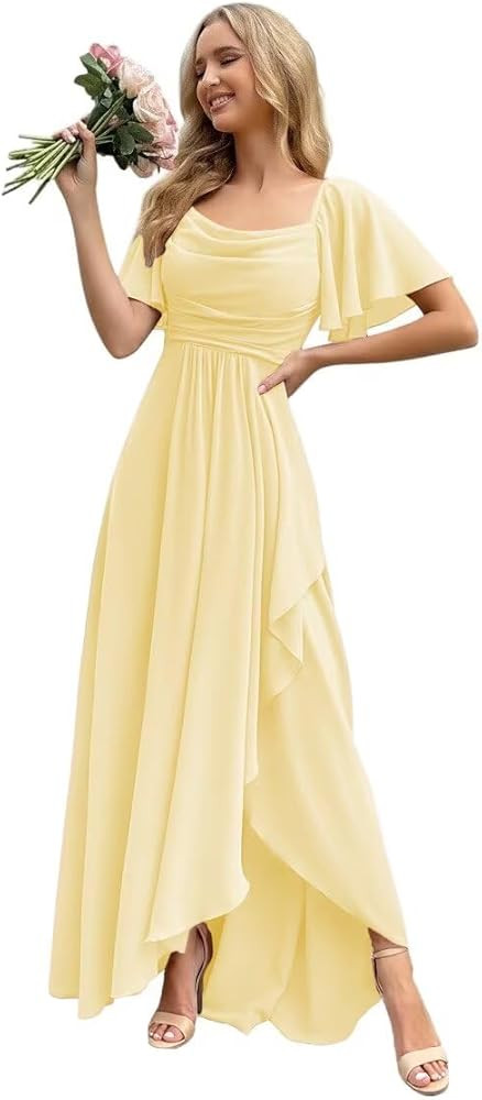 Short Sleeves Bridesmaid Dresses with Slit Chiffon Maxi Ruffles A Line Formal Evening Dress ZU004 | Amazon (US)