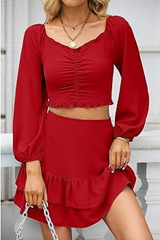 luvamia 2023 Two Piece Outfits for Women Summer Tiered Skirt Sets 2 Pieces with Shorts Ruched Top... | Amazon (US)