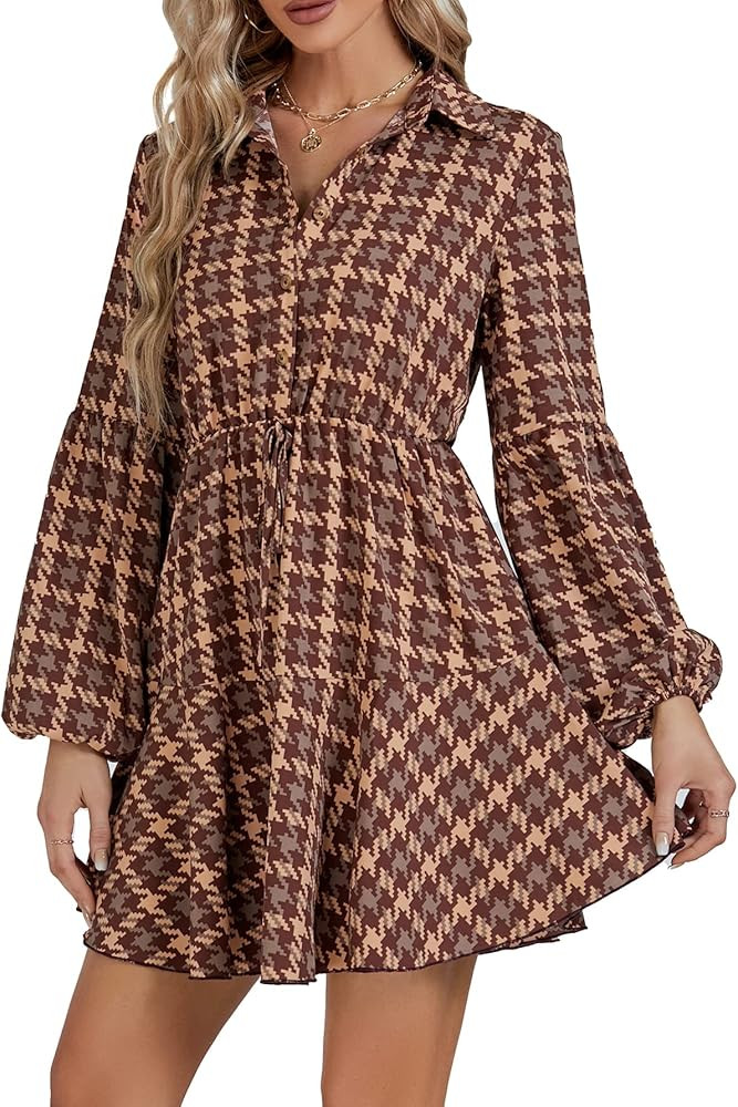 Umenlele Women’s Elegant Plaid Button Down Lantern Long Sleeve A Line Short Mini Dress | Amazon (US)