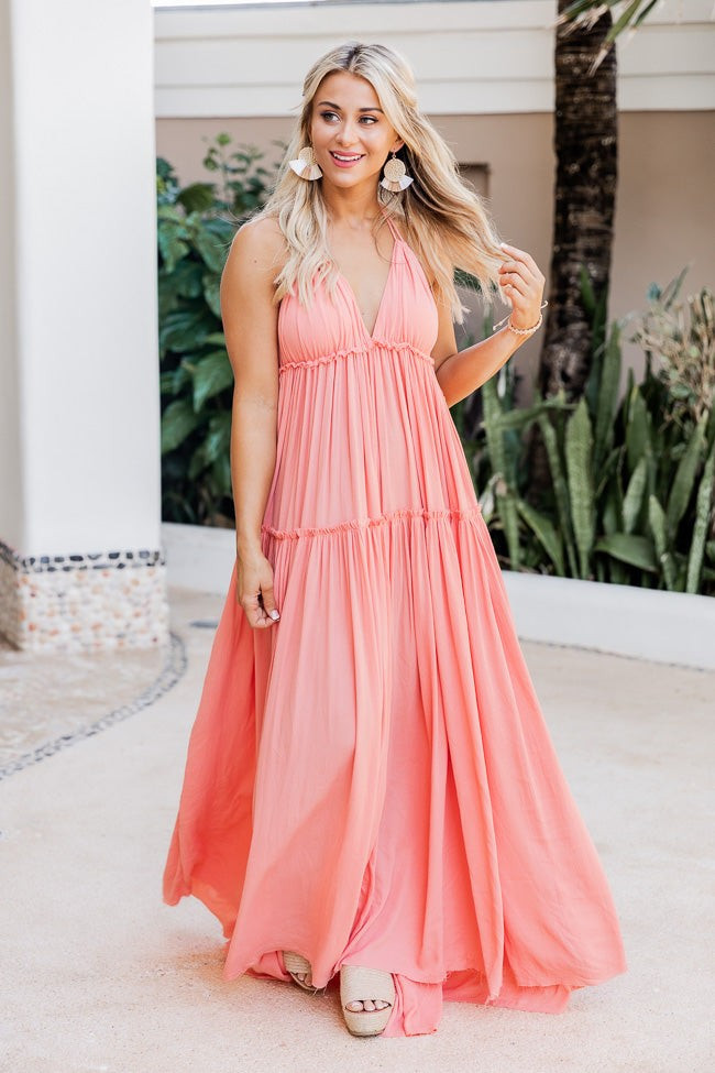 Daybreak Skyline Coral Halter Maxi Dress | The Pink Lily Boutique