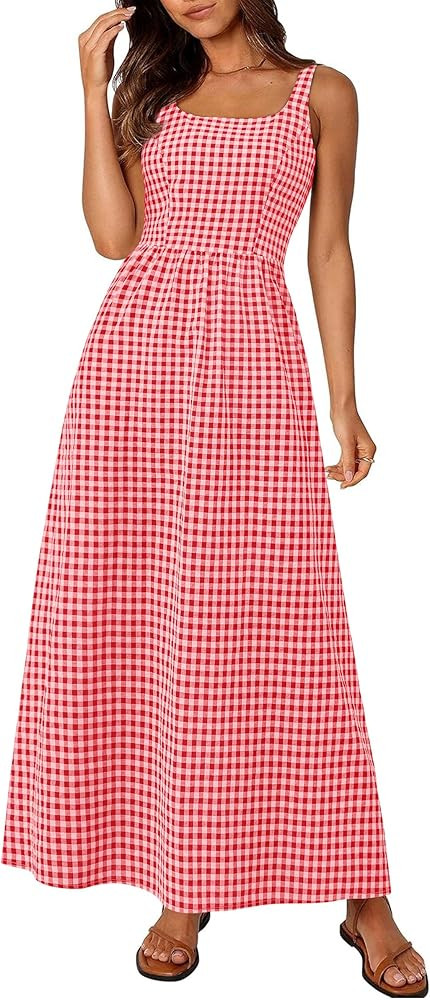 PRETTYGARDEN Women's 2026 Summer Spaghetti Strap Maxi Dresses Plaid Square Neck A Line Casual Bea... | Amazon (US)