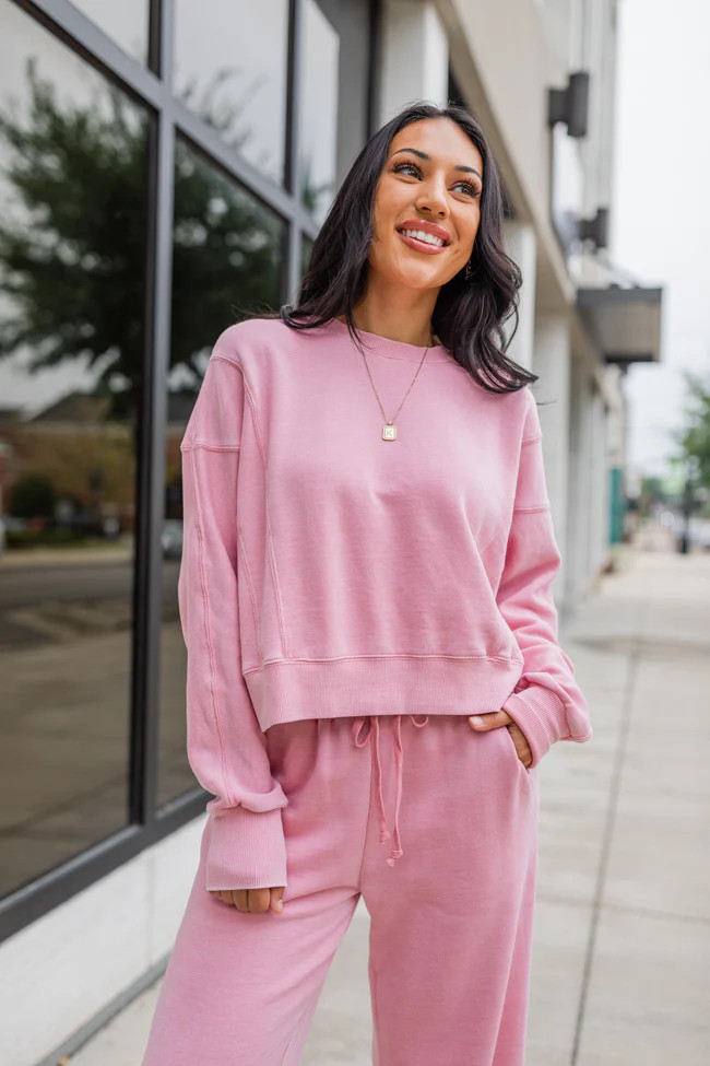 Learn As You Go Mauve Acid Washed Crew Neck Pullover DOORBUSTER | Pink Lily