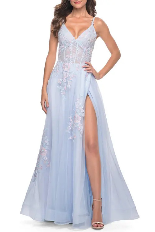 La Femme A-Line Tulle Prom Dress with Scattered Lace Applique in Light Blue at Nordstrom, Size 0 | Nordstrom