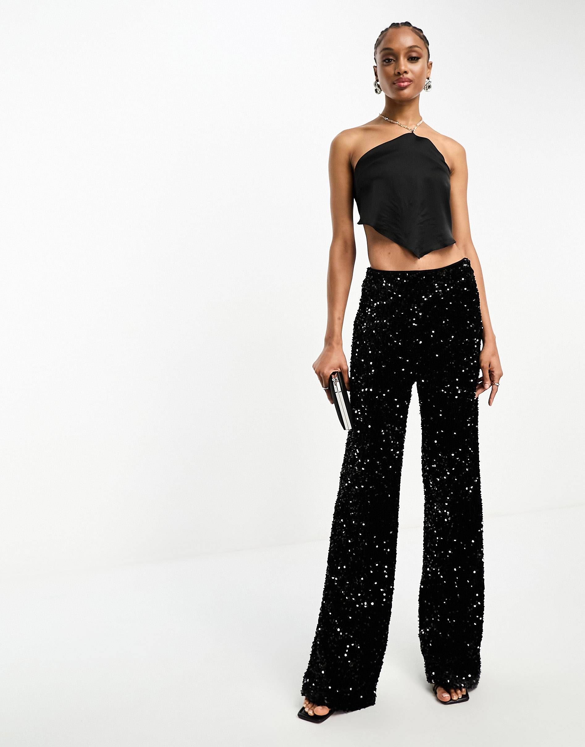 Extro & Vert Tall slouchy velvet sequin pants in black | ASOS (Global)