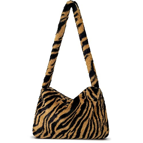 Fuzzy Tote Bag Y2K Fluffy Shoulder Bag Women Furry Purse Large Cute Plush Bag Ladies Faux Fur Bag for Autumn and Winter (Tiger Stripe Pattern) | Amazon (US)