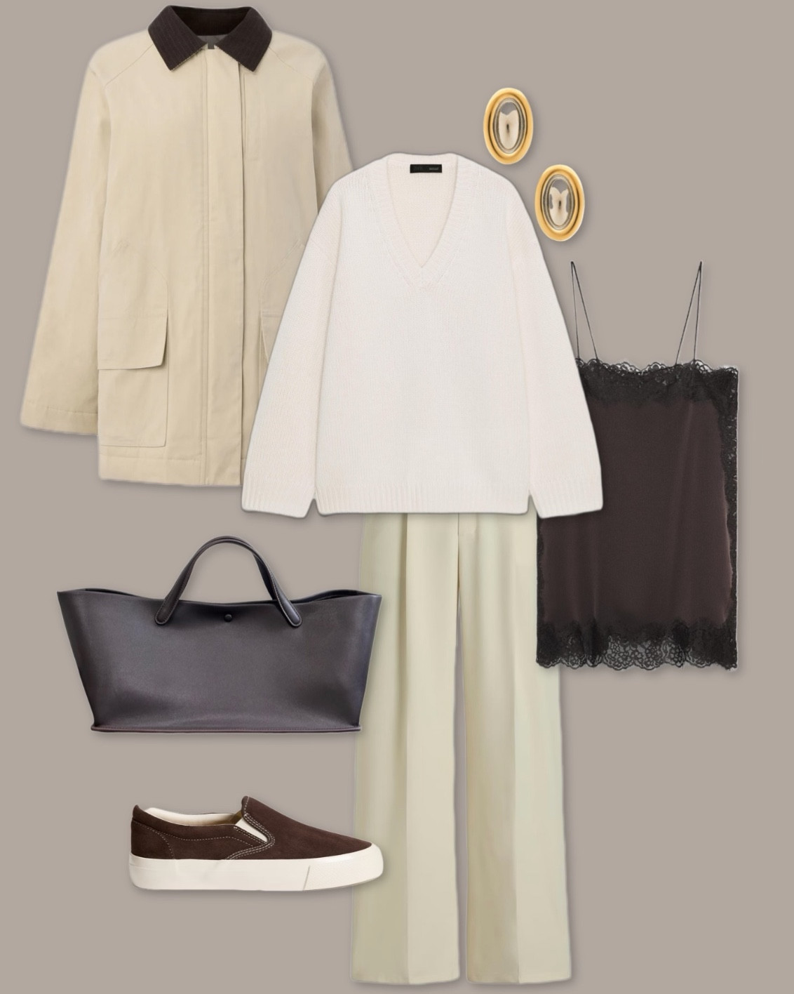 Barn jacket outfit
Zara lace trim satin camisole
Espresso brown trainers
Wide leg trousers
Autumn knitwear 