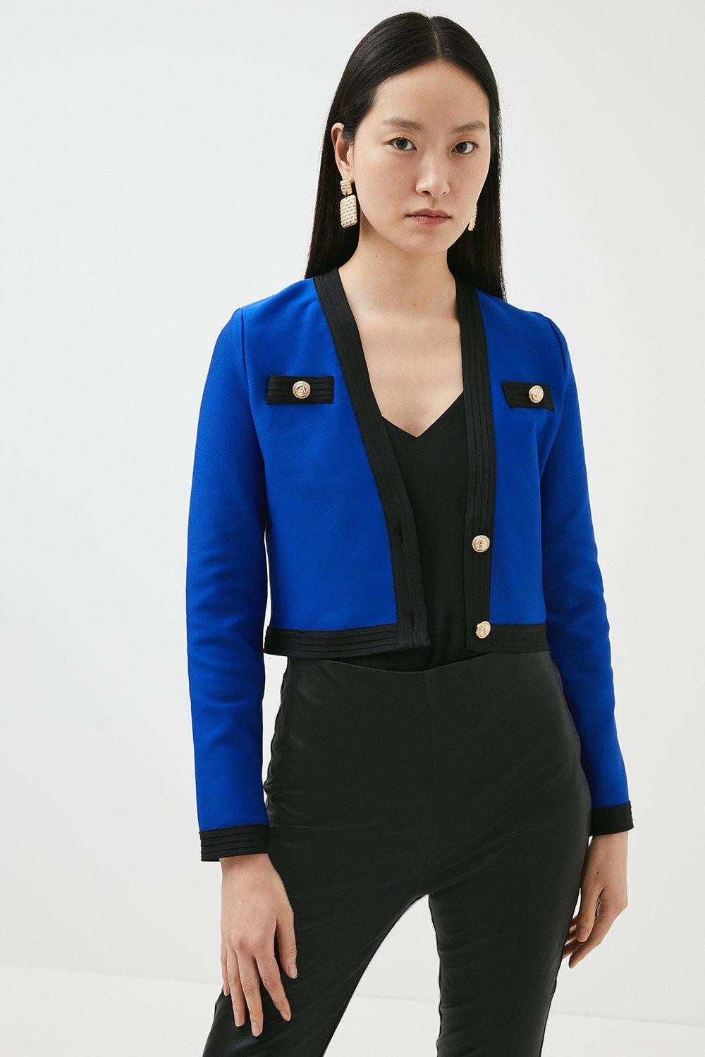 Contrast Trim Cropped Bandage Jacket | Karen Millen US