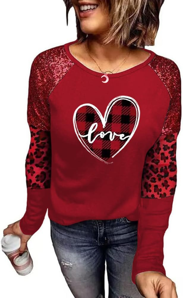 Women's Valentine's Day T-Shirt Leopard Stripe Splicing Sleeve Raglans Shirt Love Heart Printed B... | Amazon (US)