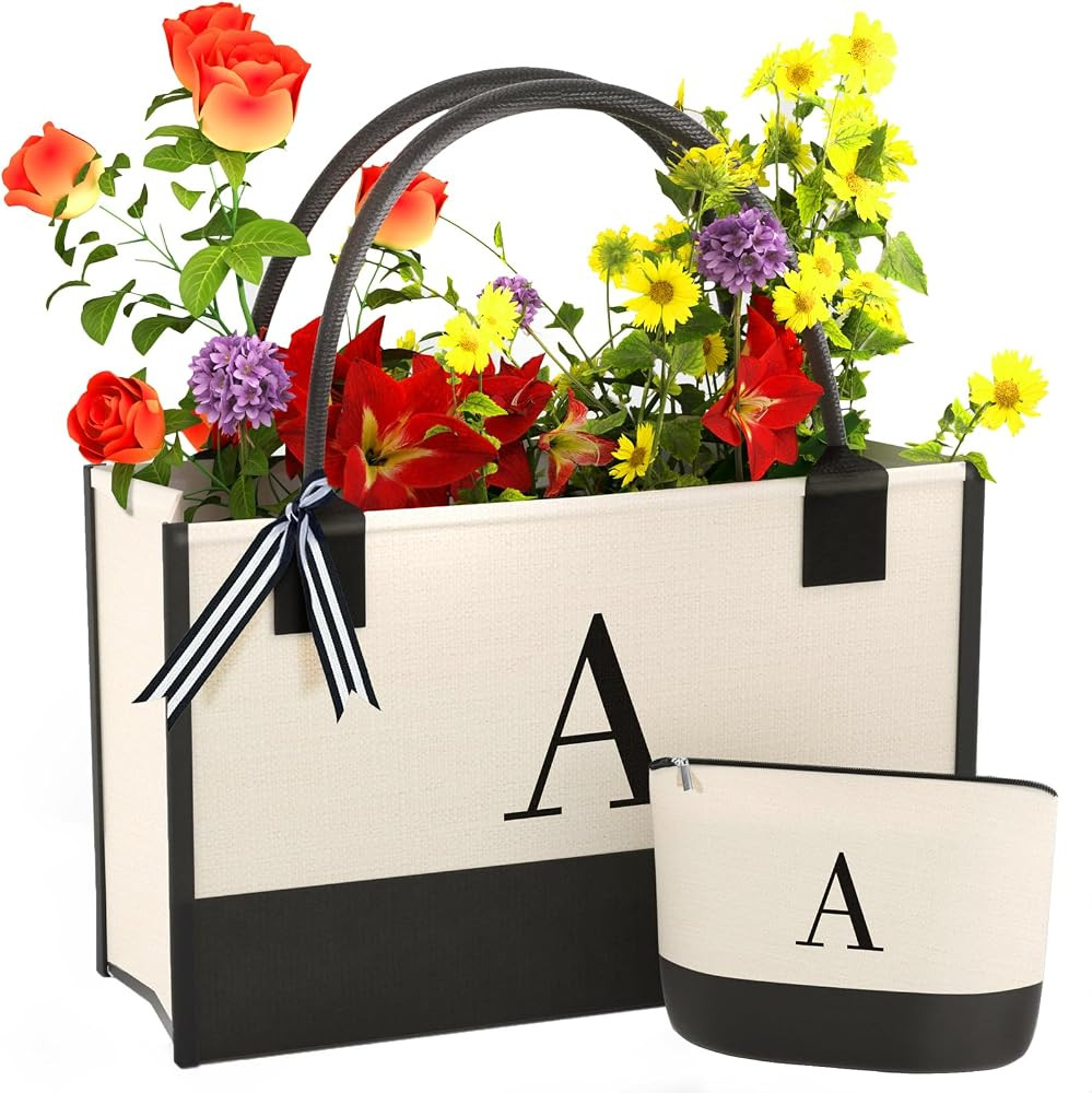 Monogrammed Canvas Tote Bag with Zipper Pockets - Ideal Gift for Mom, Teacher, Sister | Amazon (US)