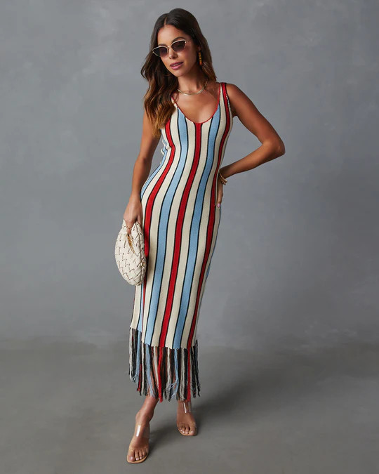 Jane Striped Knit Fringe Midi Dress | VICI