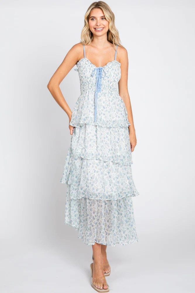 Light Blue Floral Sleeveless Tiered Maxi Dress | PinkBlush Maternity