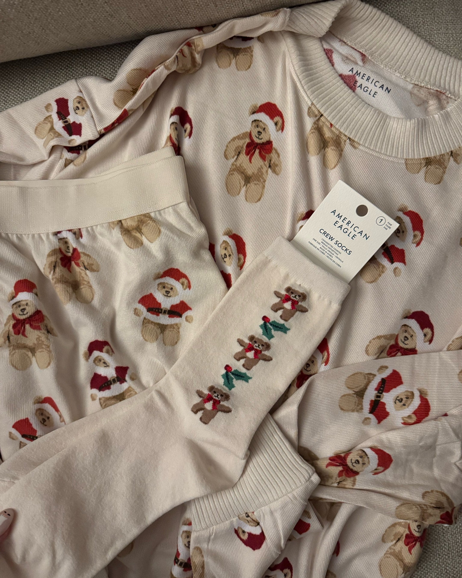 Teddy bears with Santa hat PJ set. So cozy and soft! I did a size large, also linked to new socks I grabbed! 

Aerie pajamas, holiday PJs, teddy bears, trending for holiday 

#LTKFindsUnder100 #LTKHoliday #LTKFamily