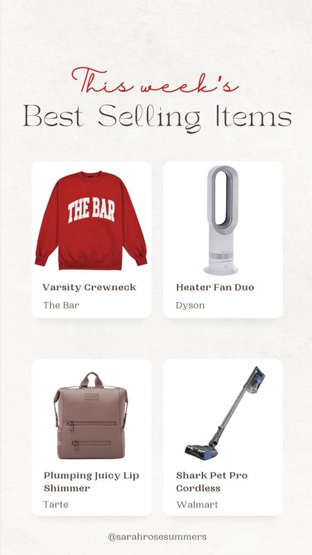 Best selling items: The Bar Varsity Crewneck (still available in M and L in red), Dyson heater / fan hot / cool duo on sale now, Shark’s pet pro cordless vaccum over 50% off, and the Dagne Dover diaper backpack 25% off with code picks25

#LTKsalealert #LTKGiftGuide #LTKhome