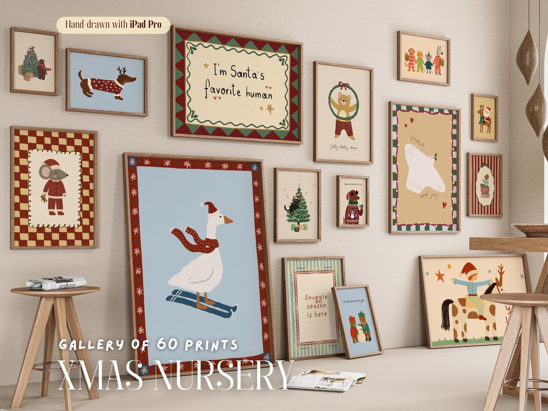 Christmas Nursery Bundle of 60, Animal Prints for Kids, Hand-drawn Holiday Decor, Santa and Reind... | Etsy (US)