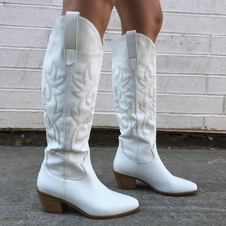 Femflame Women Cowboy Knee High Boots Embroidered Pull-on Cowgirl Western Boots Shoes White Size 6 | Walmart (US)