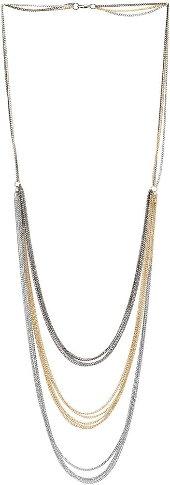 COOLSTEELANDBEYOND Long Statement Necklace Multi-Strand Grey Black Gold Silver Waterfall Long Cha... | Amazon (US)