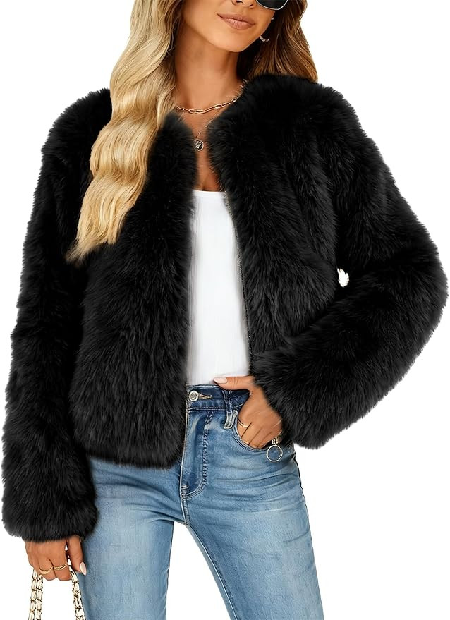 Funlingo Women's Faux Fur Coat Winter Warm Cropped Jacket Trendy Long Sleeve Crew Neck Zip Up Out... | Amazon (US)