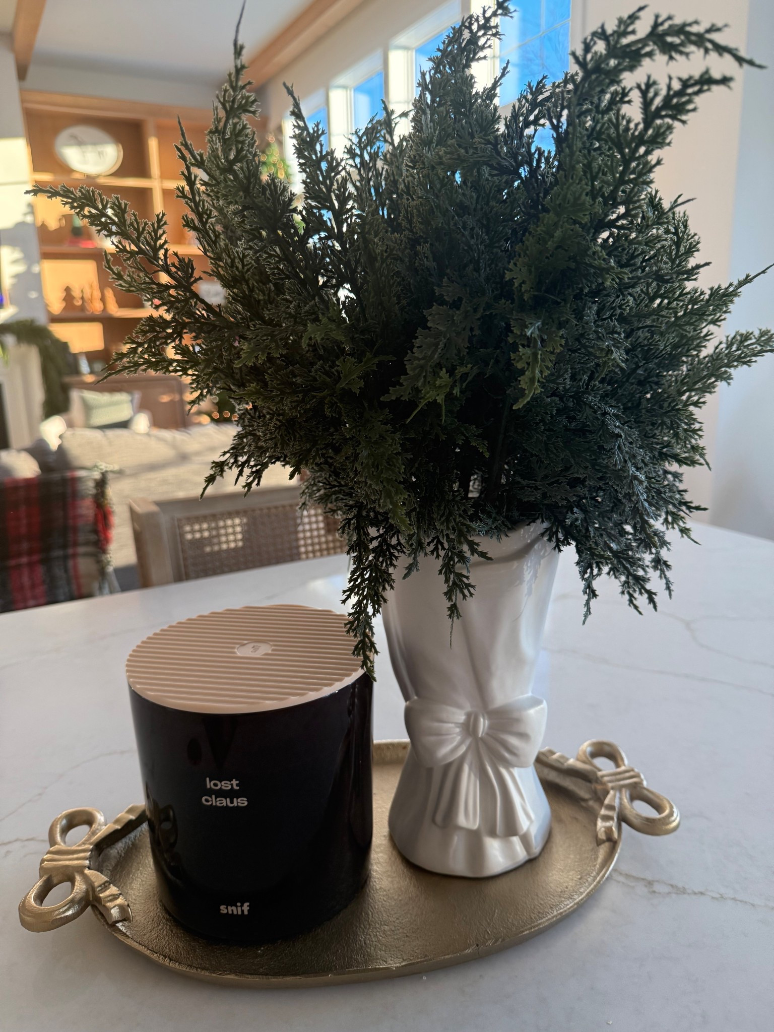 Faux winter, real touch stems! Bow ribbon vase! Holiday greenery center piece! Gold bow tray! 

#LTKHoliday #LTKHome