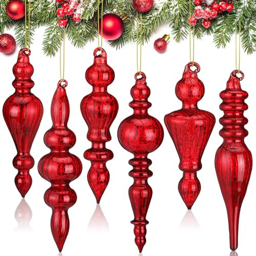Soaoo 6 Pcs 6.3 Inch Burgundy Mercury Glass Finial Christmas Ornaments Red Hanging Christmas Finials Glass Ornaments Assorted Mercury Decor for Xmas Tree Vintage Holiday Decoration(Classic) | Amazon (US)