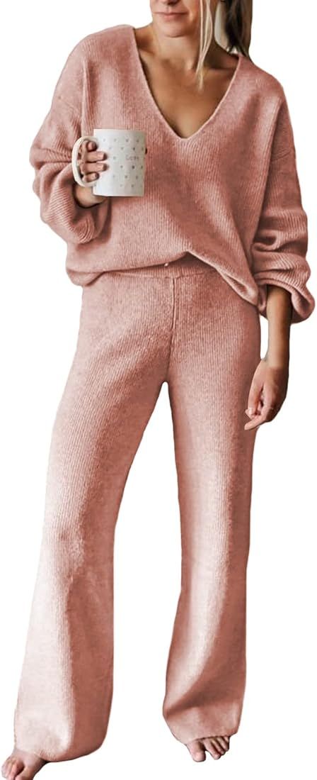 Linsery Women 2 Piece Outfits V Neck Sweater Wide Leg Sweatsuit Rib Knit Lounge Sets Leisure Wear | Amazon (US)