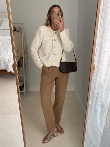 always chic in an off-white bouclé jacket with golden buttons. paired to a camel colored pant and golden sandals. Adding my LV pochette accessories to add the cherry on top. 🍰

#LTKshoecrush #LTKitbag #LTKstyletip