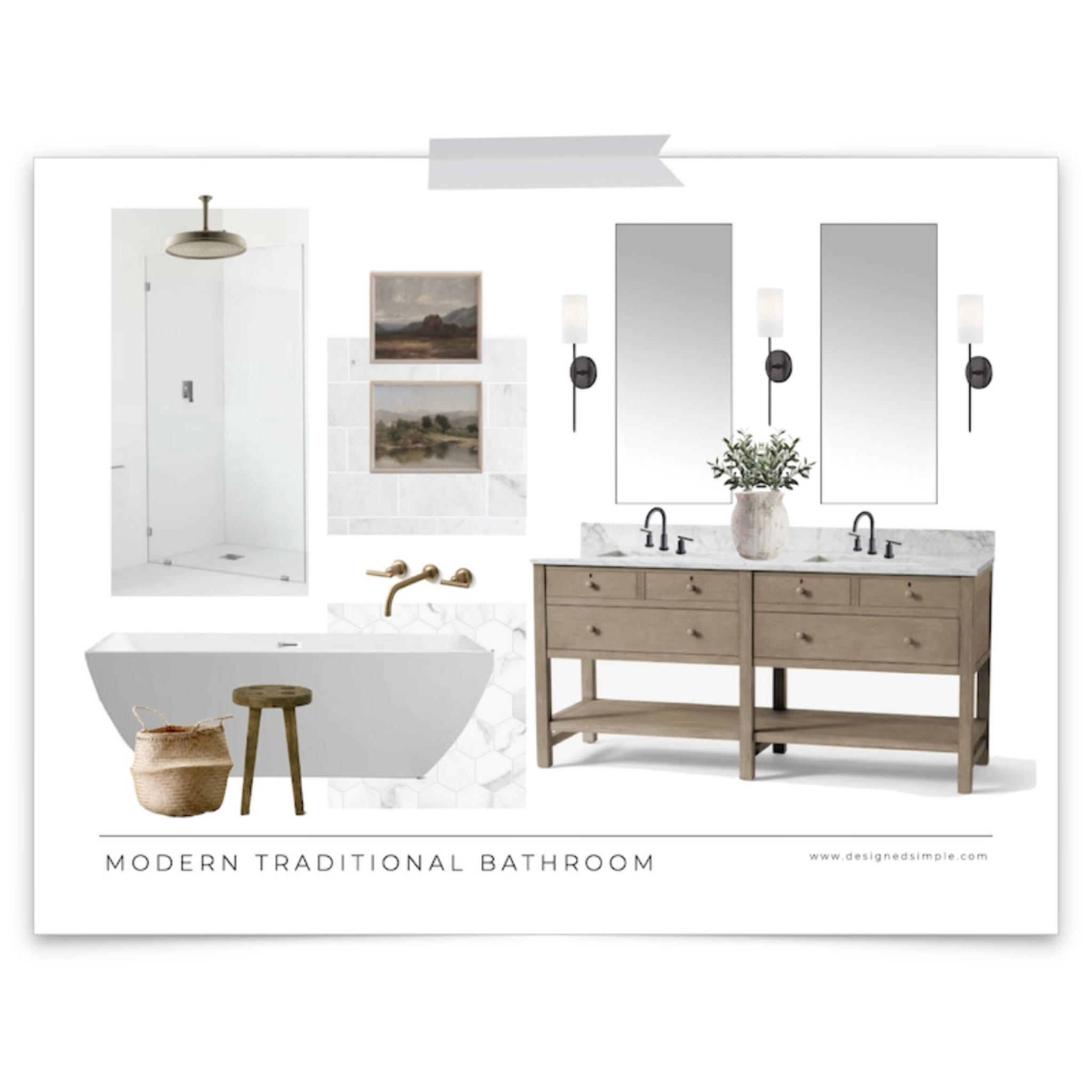 Simple and modern bathroom design, modern traditional bath, wood vanity, marble tile, freestanding tub, tall mirrors 