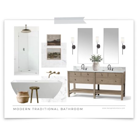 Simple and modern bathroom design, modern traditional bath, wood vanity, marble tile, freestanding tub, tall mirrors 