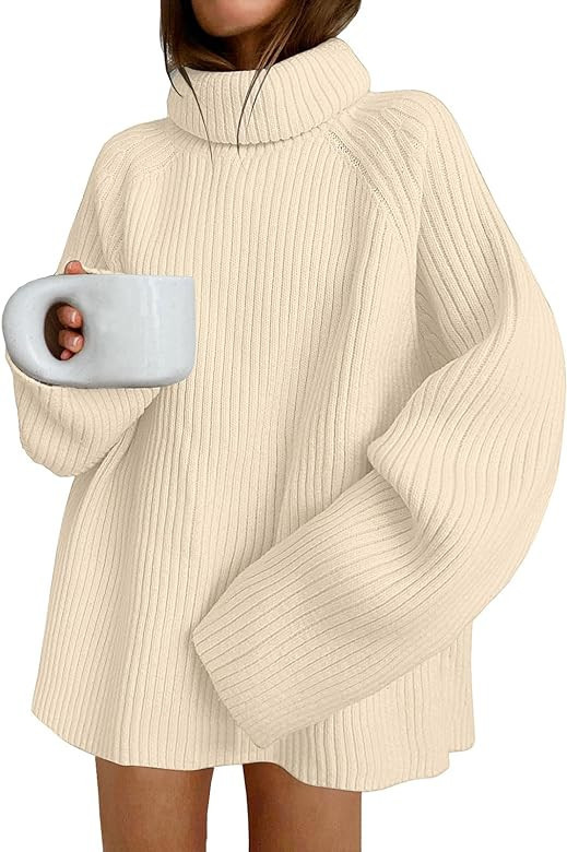 LILLUSORY Women's Oversized Turtleneck Chunky Knit Sweater Loose Fit Ribbed Tunic Mini Sweater Dress | Amazon (US)