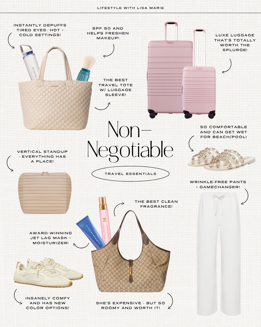 I travel a lot and these things make my trip and life so much better! Luxury and designer luggage, suitcases, totes and handbags. Wrinkle-free pants for travel and lounging. Comfortable sneakers and sandlas for summer. Toiletry bags and organizers. SPF 50 and moisturizer for face. Clean beauty, perfume and fragrances.

#LTKselfcare #LTKTravel #LTKBeauty