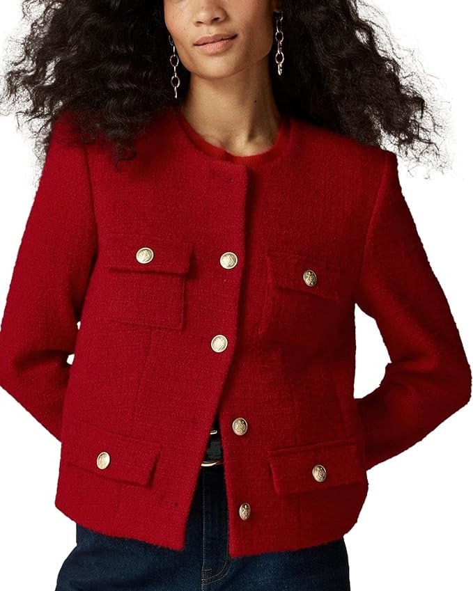 Womens Cropped Tweed Jackets Collarless Button Down Business Blazer Casual Outfits with Pockets | Amazon (US)