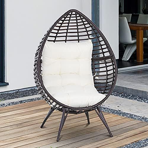 Outsunny Teardrop Wicker Lounge Chair with Soft Cushion, Outdoor/Indoor PE Rattan Egg Cuddle Chair w | Amazon (US)