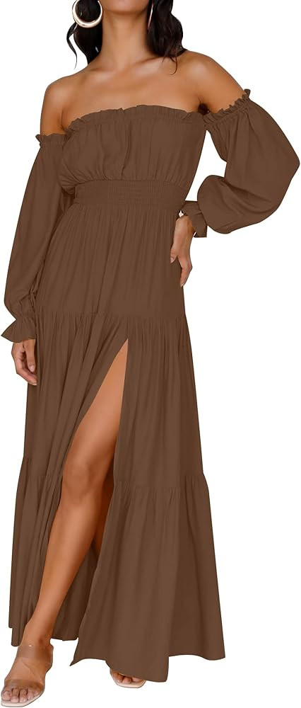 ZESICA Women's 2023 Boho Sexy Off Shoulder Long Sleeve Smocked High Waist Side Split Flowy A Line... | Amazon (US)