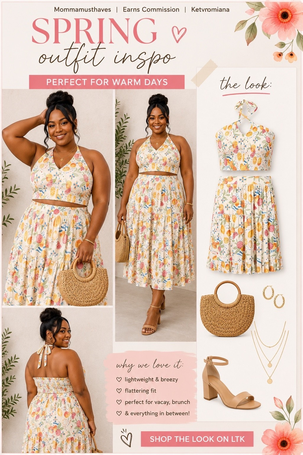 summer outfits ☀️ | This set is giving effortless spring mama 🤎 Lightweight, breezy, flattering, and comfortable enough for warm days when you still wanna look put together without doing too much. The citrus print, flowy skirt, and soft feminine vibe? Yeah… I’m obsessed. Shop through my bio under “Shop My Posts” ✨

#LTKSeasonal #LTKPlusSize #LTKootd
