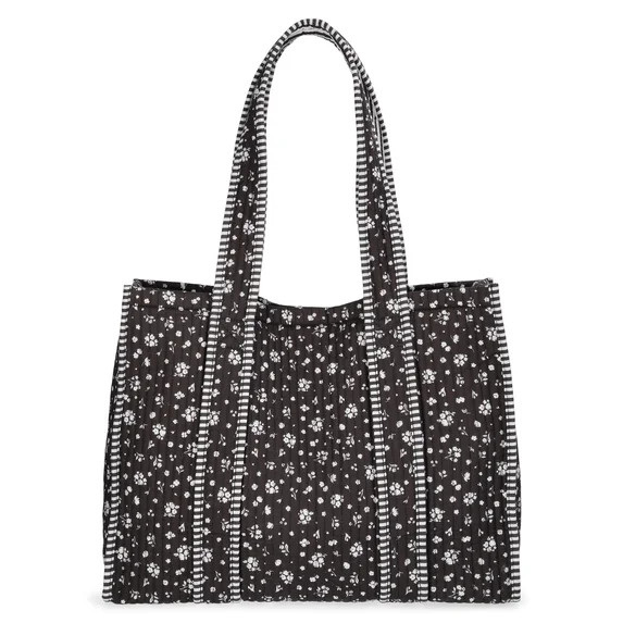 No Boundaries Women's Quilted Tote Bag, Black Ditsy/Stripe | Walmart (US)